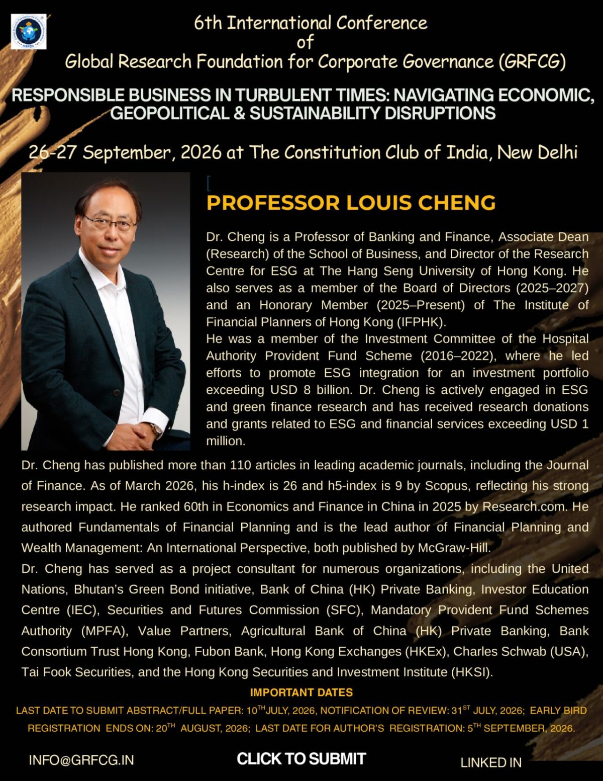 Prof. Louis Cheng is Invited as a Keynote Speaker at the 6th International Conference of the Global Research Foundation for Corporate Governance (GRFCG) (Sept 26-27, 2026)
